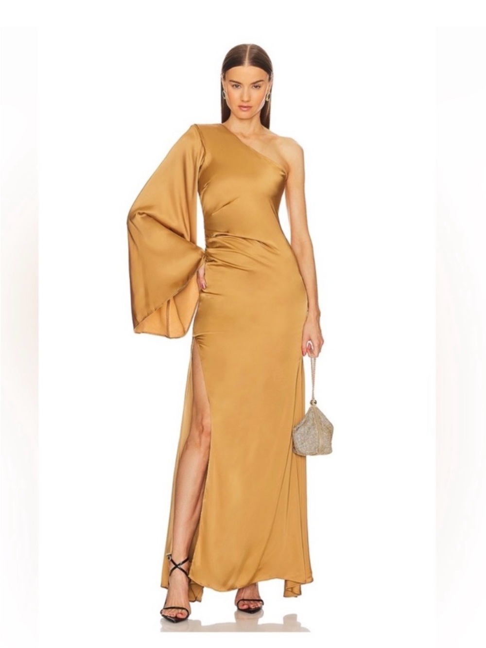NWT Michael Costello x REVOLVE Mae One Shoulder Evening Gown in Gold Size Small